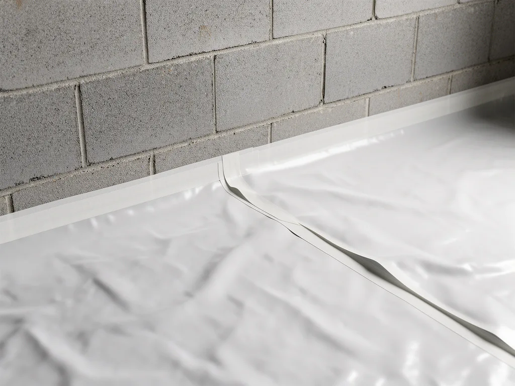 Close-up of a taped seam in a white crawl space liner along a block wall