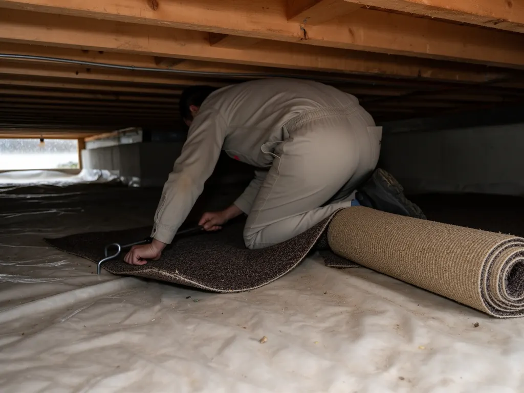 Worker seen from behind lifting damp carpet in a crawl space with exposed floor joists and a plastic ground cover
