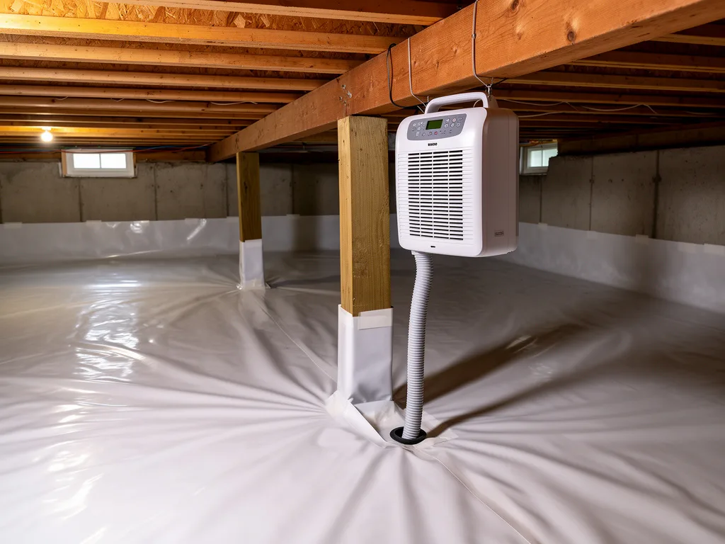 Dehumidifier on a crawl space joist above a sealed white liner