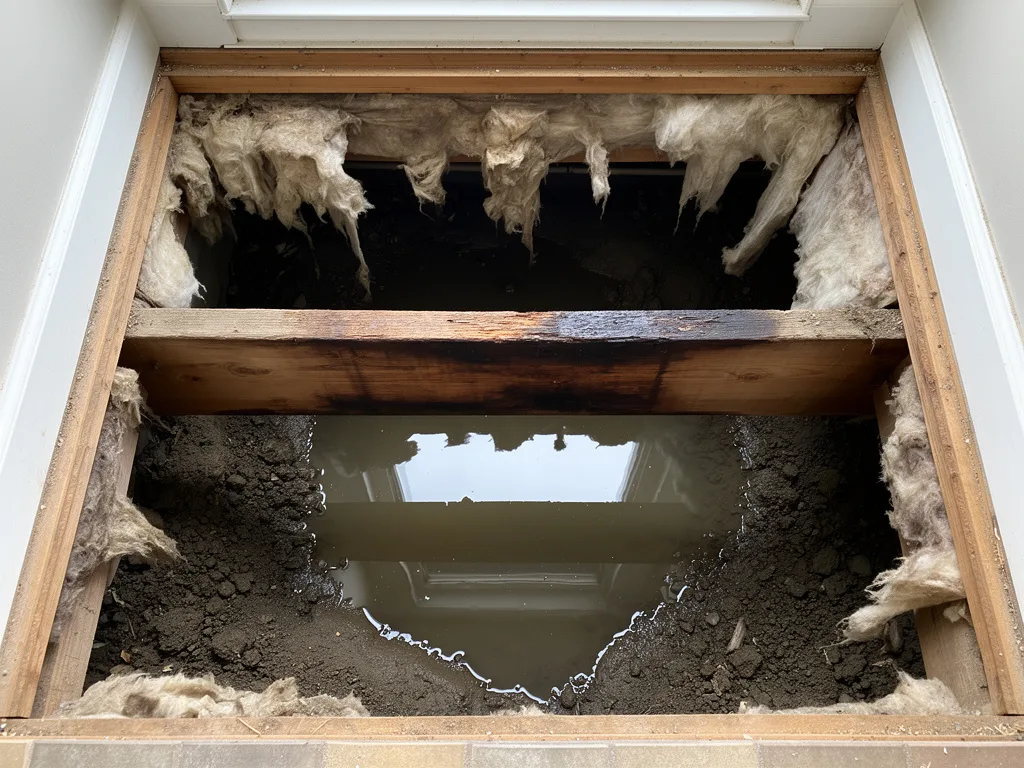 Crawl space seen through a floor hatch with standing water and stained joists