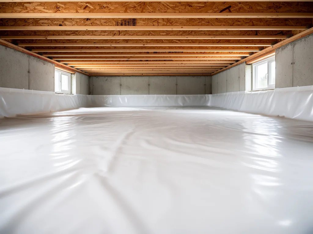 Crawlspace encapsulation result: clean crawl space with a white ground cover sealed up the foundation wall
