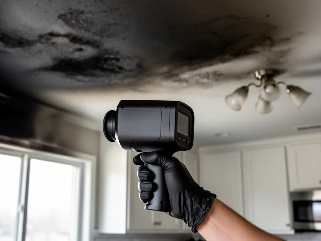 Gloved hand aiming a thermal camera at a soot-darkened kitchen ceiling