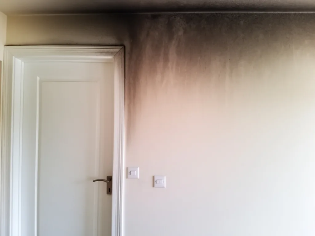 Hallway door frame and upper wall darkened by a dry soot film before cleaning