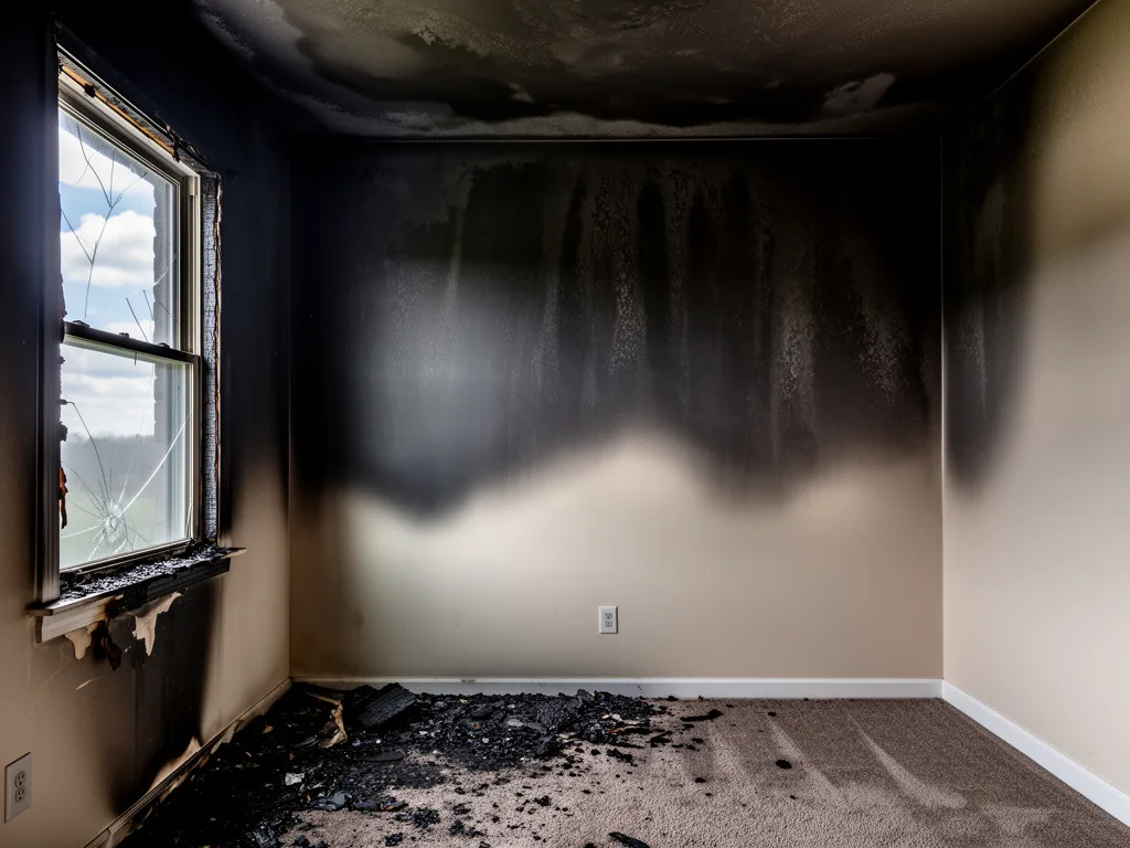 Bedroom with smoke-blackened walls and a burned window frame