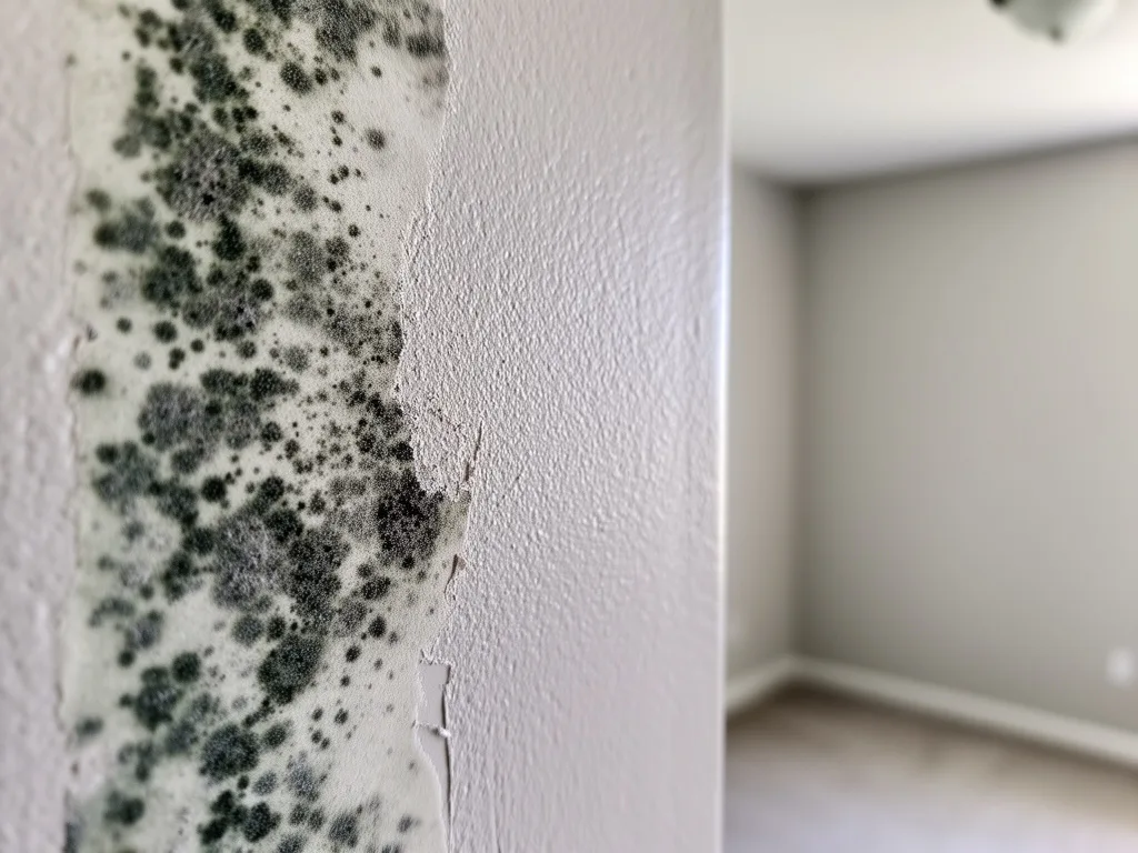 Close-up of mold speckling on a wall beside a wiped bare patch