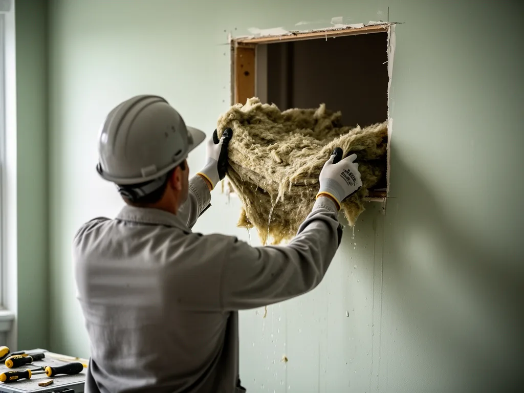 Worker seen from behind removing wet insulation in an interior painted wall with a section of drywall cut open