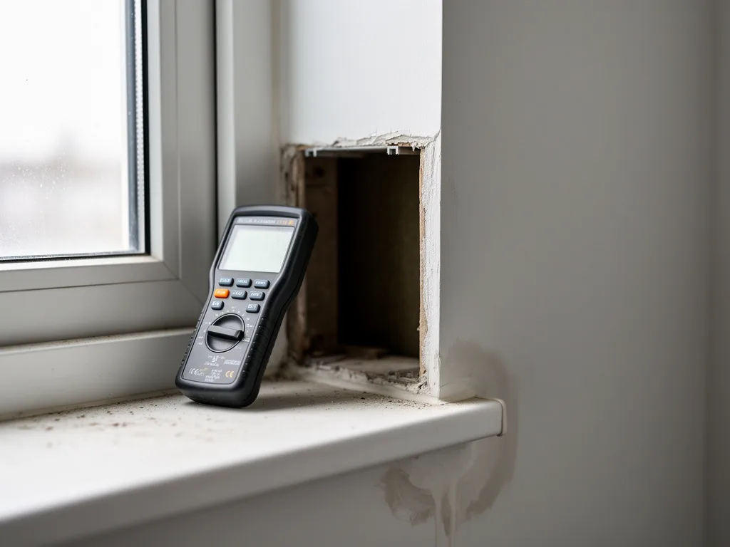 Moisture meter on a windowsill beside a stained painted wall during a mold inspection