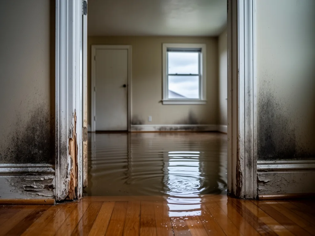 Living room floor covered in shallow standing water with stained lower walls