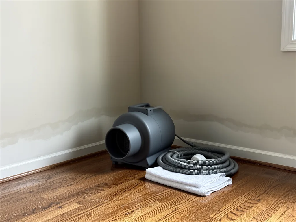 Air mover on a hardwood floor drying a living room corner after water damage