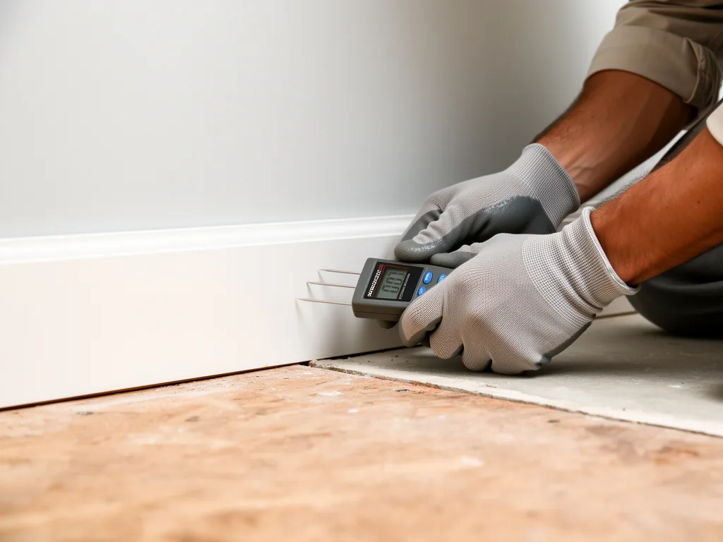 Gloved hands checking moisture with a meter in a residential interior room with an exposed floor and wall