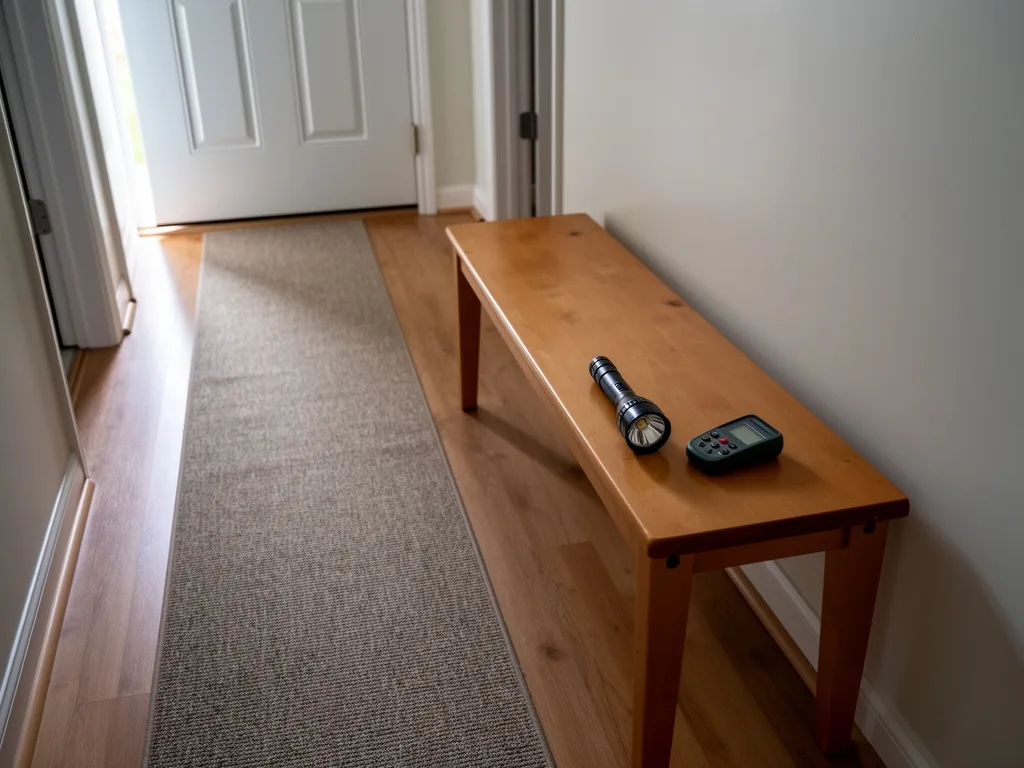 Hallway bench with a flashlight and a handheld meter beside a dry runner